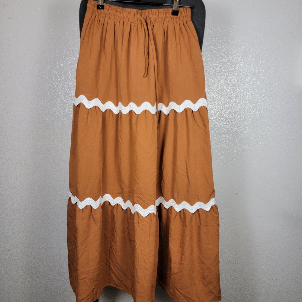 KIRUNDO Tiered Elastic Waistband‎ Bohemian Peasant Maxi Copper Skirt Size S